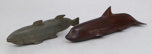 INUIT CARVED AND INCISED STONE FIGURE OF A FISH AND A CARVED ROSEWOOD FIGURE OF A FISH