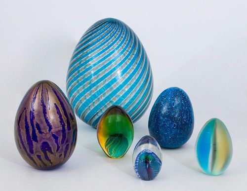 GROUP OF SIX GLASS EGGS