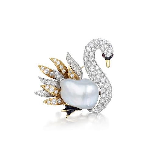 A Baroque Pearl and Diamond Swan Brooch