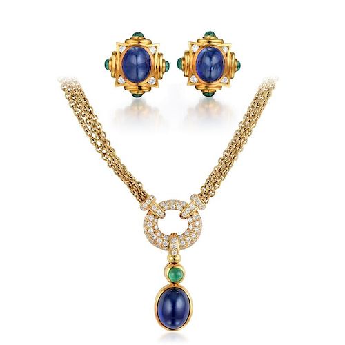 A Sapphire, Diamond, and Emerald Necklace and Earrings Set