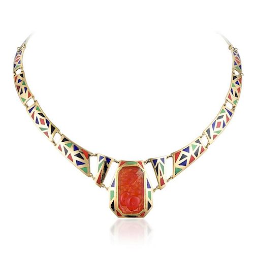 A Carnelian and Enamel Gold Necklace