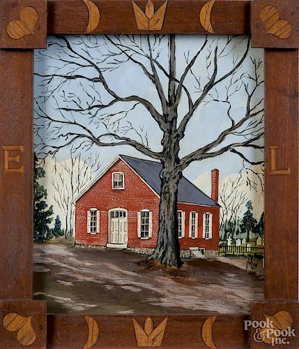 Oil on wood panel schoolhouse painting, signed Ursula Martino December 1979, with an inlaid walnut
