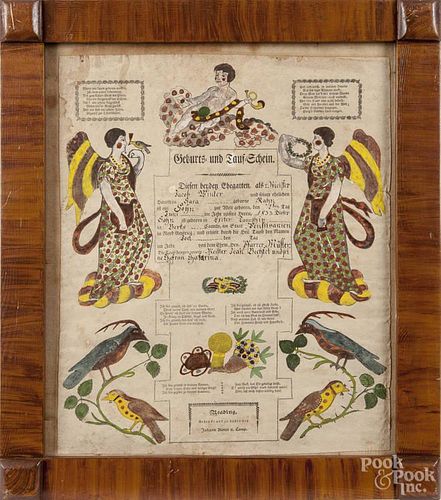 Pennsylvania printed and hand colored fraktur by Johann Ritter, dated 1833, 15 1/2'' x 13''.