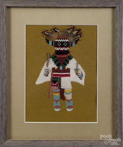 Two Hopi needleworks of Kachina dolls, 20th c., 10 1/2'' h., 7 3/4'' w. and 11 1/4'' h., 8'' w.