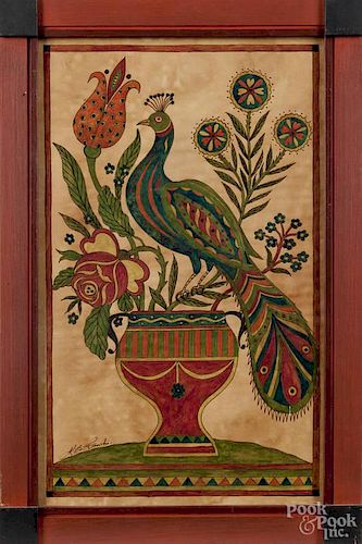 G. B. French (American 20th c.), watercolor drawing of a peacock on a floral urn, in its original pa