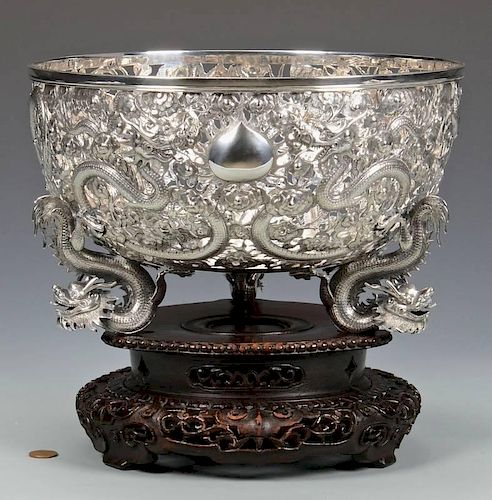 Large Chinese Export Silver Dragon Bowl