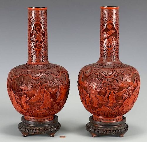 Pr. Chinese Cinnabar Bottle Form Vases