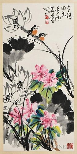 Painting Depicting Lotus and Birds 绘画- 荷花和鸟