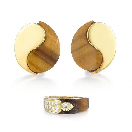 A Gold and Tiger Eye Earring and Ring Set