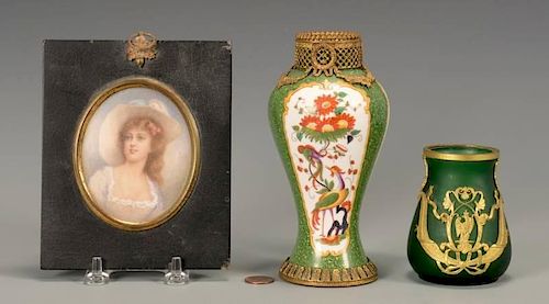 Gilt bronze vases & Miniature Portrait