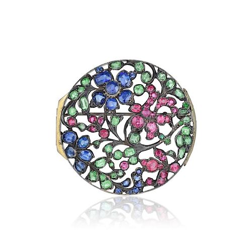 A Ruby Emerald and Sapphire Pin