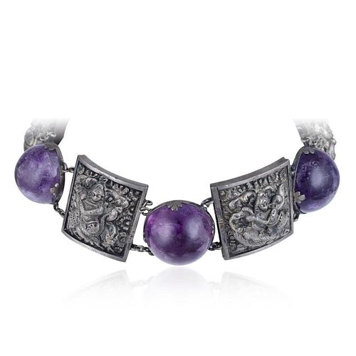 An Antique Silver and Amethyst Indian Choker Necklace