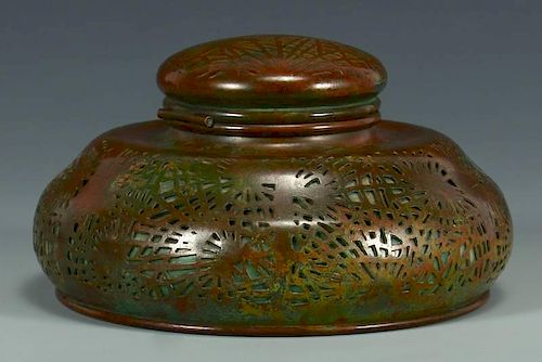 Tiffany Bronze & Glass Inkwell, Pine Needle Pattern