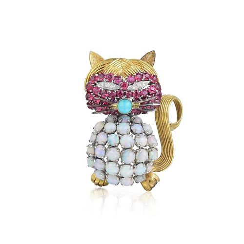 An Opal Ruby Diamond and Turquoise Cat Pin