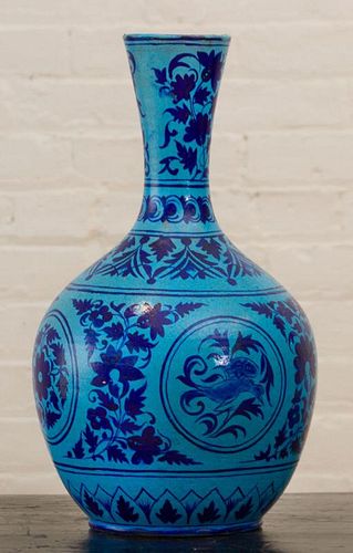 BLUE-GLAZED BOTTLE VASE DECORATED IN THE PERSIAN TASTE