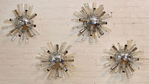 FOUR CHROMED METAL AND GLASS WALL SCONCES