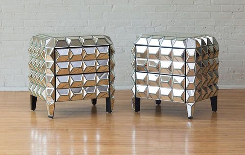 PAIR OF FACETED MIRROR TWO-DRAWER STANDS, OF RECENT MANUFACTURE