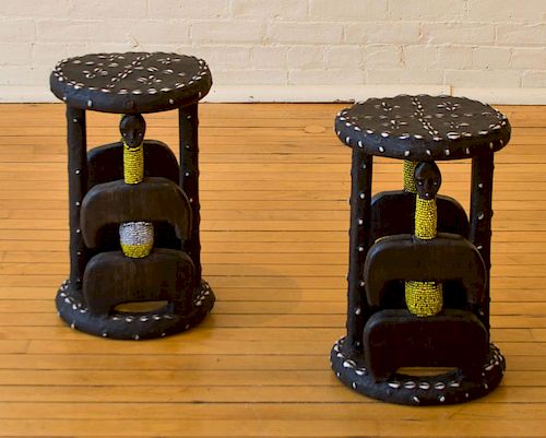 PAIR OF CARVED AND BEADED FIGURAL AFRICAN STOOLS