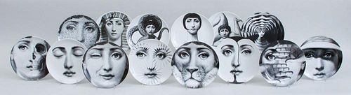 GROUP OF FOURTEEN TRANSFER-DECORATED "TEMA E VARIAZIONI" PLATES AFTER PIERO FORNASETTI