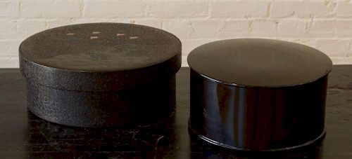 TWO CIRCULAR JAPANESE BLACK LACQUER BOXES AND COVERS