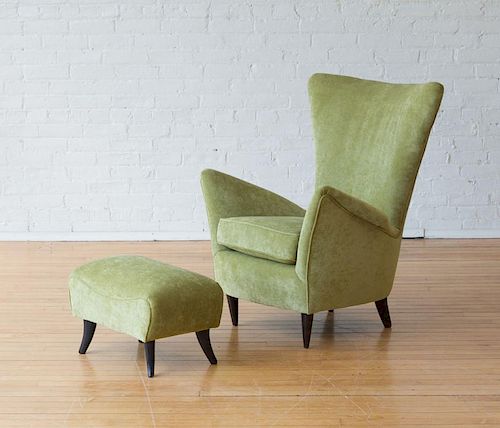 UPHOLSTERED ARMCHAIR AND OTTOMAN, STYLE OF GIO PONTI