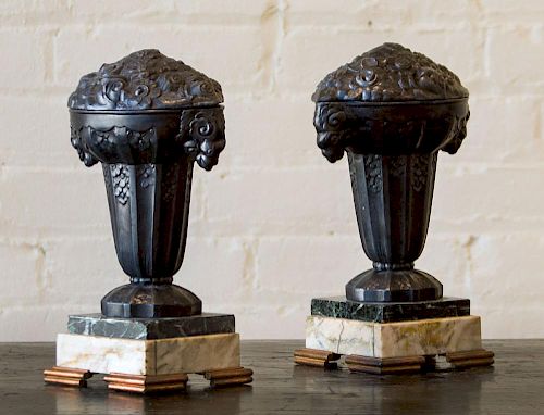 PAIR OF ART DECO BRONZE AND MARBLE URNS AND COVERS
