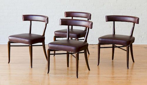 T.H. ROBINSON GIBBINGS FOUR STAINED MAHOGANY AND LEATHER UPHOLSTERED DINING CHAIRS