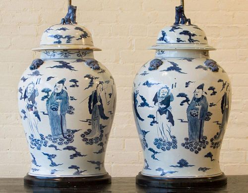 PAIR OF MODERN CHINESE BLUE AND WHITE PORCELAIN LARGE BALUSTER-FORM JARS AND COVERS, MOUNTED AS LAMPS