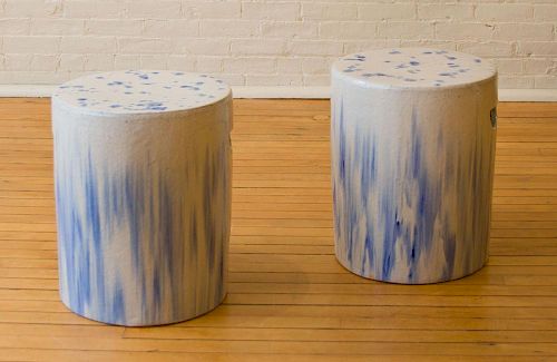 PAIR OF BLUE AND WHITE GLAZED PORCELAIN GARDEN SEATS