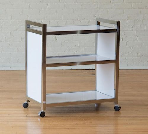 MILO BAUGHMAN STYLE LAMINATE AND CHROME ROLLING SERVING CART