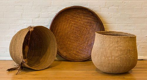 TWO GRAIN BASKETS AND A WINNOWING SHALLOW BOWL