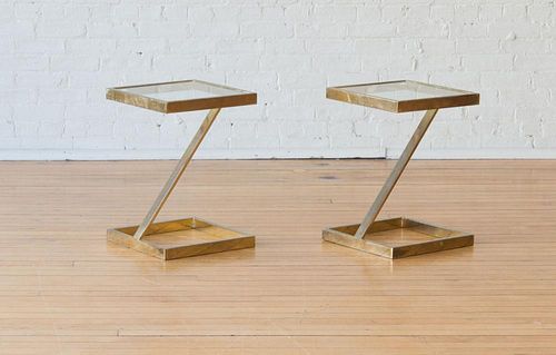 PAIR OF BRASS AND GLASS END TABLES