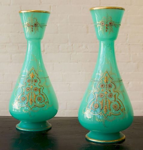 PAIR OF FRENCH GREEN OPALINE GLASS VASES