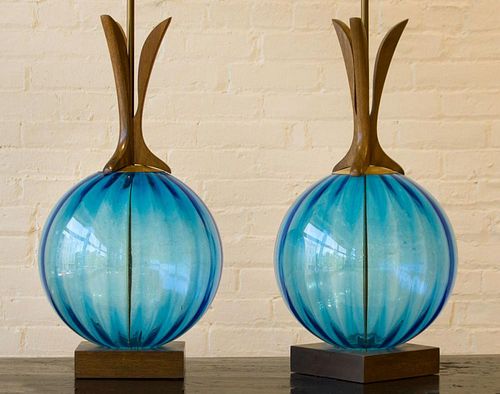 PAIR OF BLUE GLASS TABLE LAMPS, MODERN