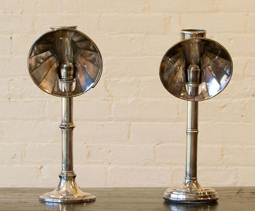 PAIR OF SILVER-PLATED COLUMNAR LAMPS WITH SHADES