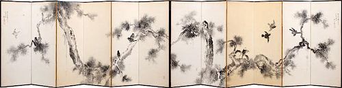 JAPANESE HAND PAINTED SILK ON PAPER 12 PANEL SCREEN