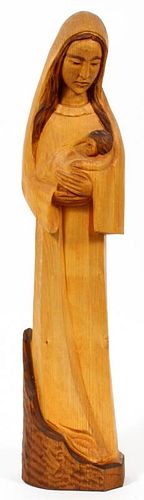 SIGNED ST BAZON HAND CARVED WOOD MADONNA & CHILD