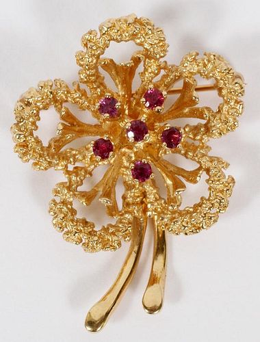 14KT YELLOW GOLD AND PINK SAPPHIRE FLOWER PIN