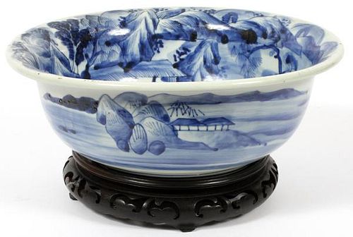 CHINESE BLUE AND WHITE PORCELAIN BOWL W/ WOOD STAND