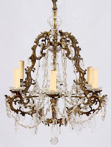 SIX-LIGHT BRASS AND CRYSTAL CHANDELIER