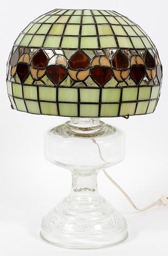 TIFFANY STYLE SLAG GLASS SHADE & GLASS OIL LAMP