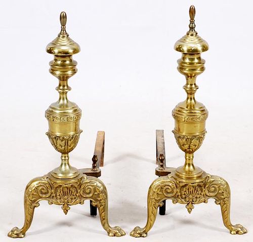 BRASS AND WROUGHT IRON ANDIRONS PAIR