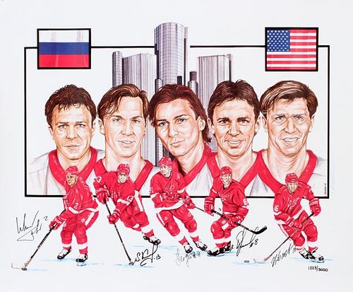 AUTOGRAPHED RED WINGS POSTER OF THE RUSSIAN FIVE