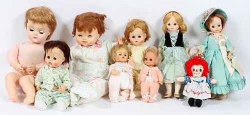 GROUP OF NINE VARIOUS DOLLS 20TH C.
