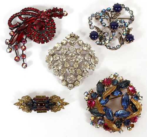 SORRELLI AND OTHERS CRYSTAL BROOCHES 5 PCS