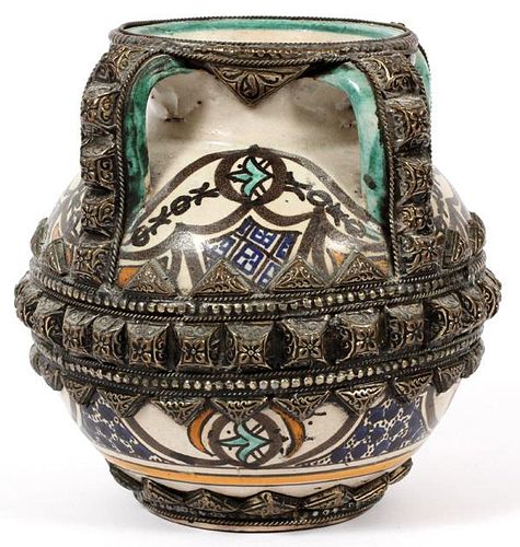 MOROCCAN POTTERY W/ FILIGREE FOUR HANDLED VASE