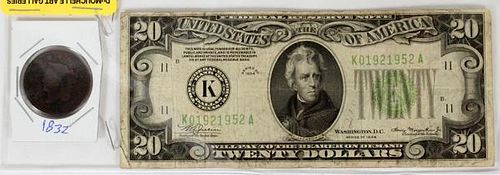 U.S. FEDERAL RESERVE $20 NOTE1934;YELLOW-GREEN SEAL