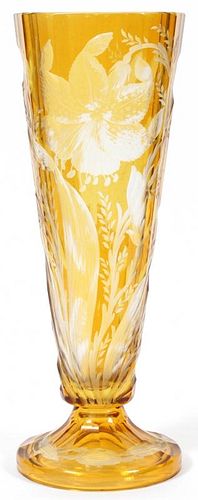 MOSER QUALITY ETCHED YELLOW TO CLEAR GLASS VASE