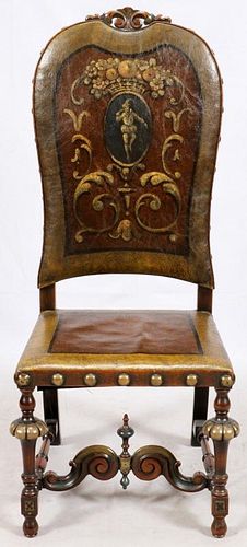 FLEMISH STYLE CARVED WALNUT & LEATHER CHAIR