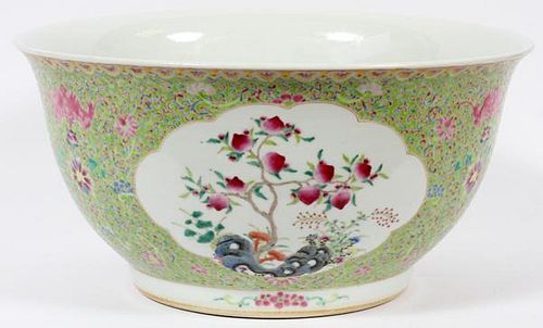 CHINESE FLORAL ON LIME GREEN GROUND PORCELAIN BOWL